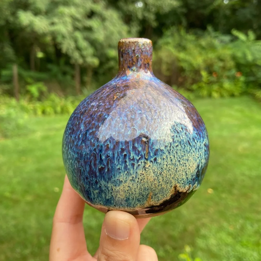Vintage Brown and Blue Glazed Round Bud Vase - Picture 3 of 13